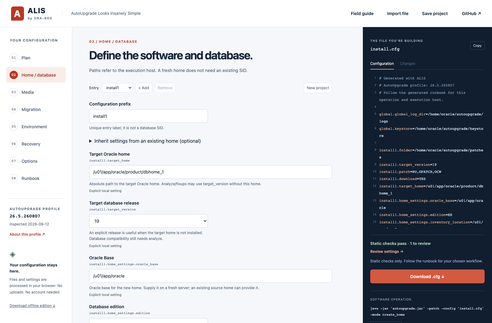 ALIS fresh Oracle Home example: installation settings in the middle and the generated configuration on the right